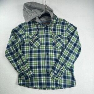 RED SNAP Mens Grunge Flannel Hoodie Shirt Plaid Blue Green Size‎ L Shacket